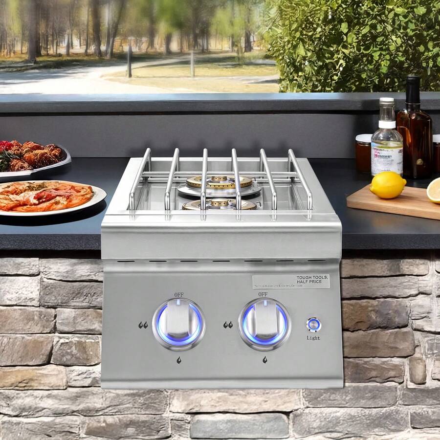 Quemadores laterales dobles para parrilla   , 2 quemadores laterales de propano líquido de 17,000 BTU para cocina exterior, convertibles a gas natural, quemadores dobles empotrados de acero inoxidable 304 con LED para isla de parrilla de barbacoa - Plateado 2 quemadares 17000 BTU - Ver 1