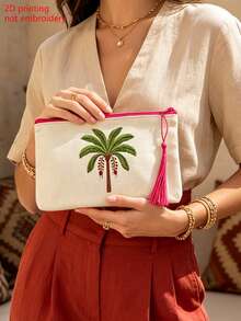 Tas Kosmetik Kanvas Beige dengan Resleting, Dicetak dengan Motif Pohon Kelapa, Dilengkapi Rumbai, Dapat Digunakan Sebagai Tas Perlengkapan Mandi, Tas Penyimpanan Perjalanan, Tas Alat Tulis - MultiWarna - View 6