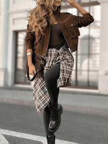 Women's Brown Short Jacket With Stand Collar, Hem Cuffs And Pockets, Suitable For Spring And Autumn Daily Commute - Brown - View 5