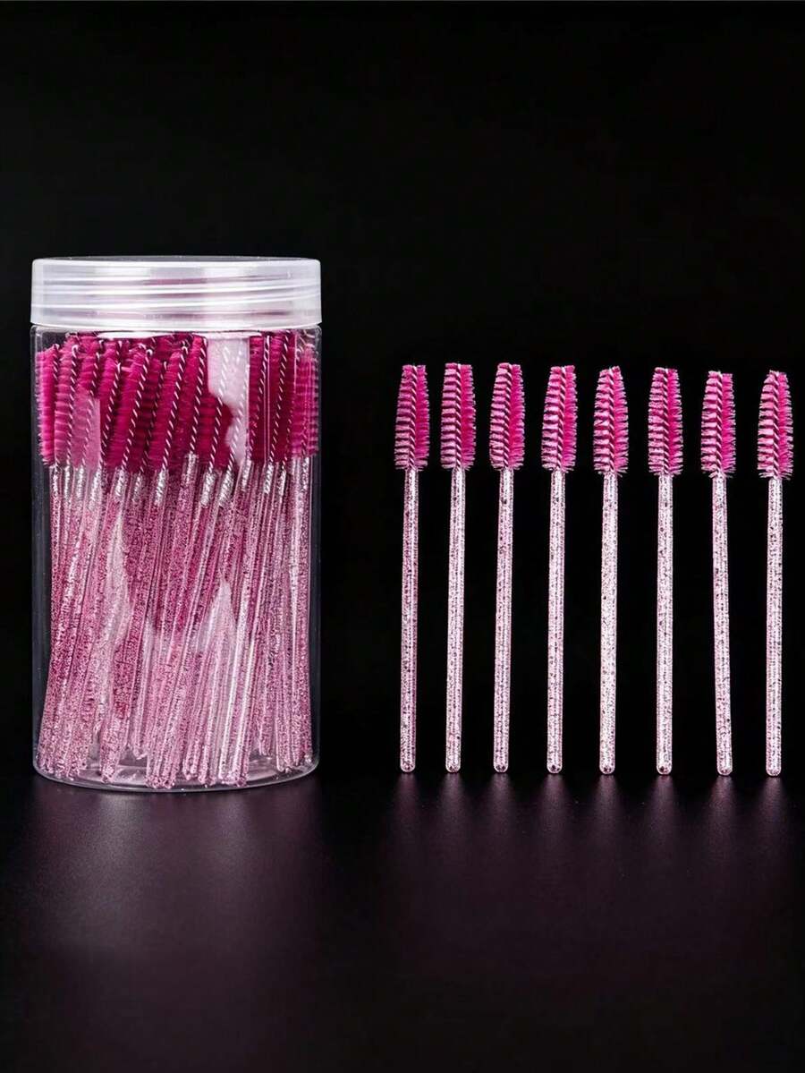 50/100/200/400/500 Pieces Of Crystal Rod Eye Black Brush, Crystal Eyebrow Brush For Eyelash Extension, Rose Red Mascara Brush With Container - Hot Pink - View 1
