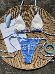 Women's Sexy Elegant Halter Neck Bikini Set, Blue Ditsy Floral High Elasticity Swimsuit - Multicolor - View 3