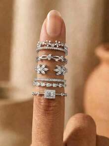 5pcs Elegant Luxury Floral Leaf Geometric Copper Micro-Inlaid Synthetic Zirconia Rings, Suitable For Party, Wedding And Daily Wear - Silver - View 2
