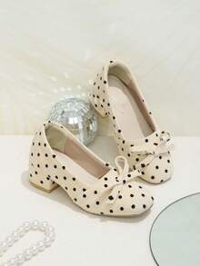 Girls' Gentle & Playful Black Polka Dot Bow Apricot High Heel Pumps, Square Toe Shallow Cut Design, Suitable For Birthday Parties, Spring/Autumn Outfits - Apricot - View 6