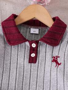 2pcs Young Girls Casual Retro Preppy Style Pony Embroidery Contrast Color Polo Collar Ribbed Long Sleeve POLO Shirt & Flared Pants Set, Spring/Autumn Back To School Daily Outfit - Burgundy - View 3
