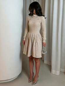 Women's Fall Winter Oatmeal Cable Knit Mock Neck Button Detail Long Sleeve Cinched Waist A-Line Mini Sweater Dress, Elegant Casual Work Wear - Dark Apricot - View 1