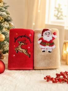 5/2/1pc 13.8*29.5 Inch Hanging Coral Fleece Towel, Christmas Gift, Embroidered Reindeer Tree Pattern, Super Soft Absorbent Quick Dry Face Towel, Hair Wrap, Shower, Makeup Removal, Christmas Bathroom Home Decor - Multicolor - View 12