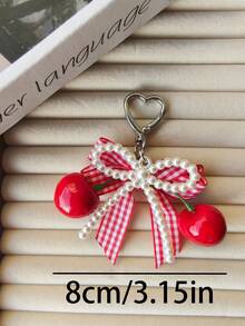 1pc Pearl Bow Resin Cherry Heart Shaped Keychain Key Ring, Fashionable Versatile Gift Choice - Multicolor - View 2