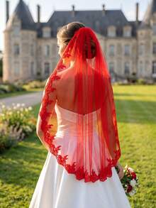 1 Pc Red Wedding Veil Lace Applique Fingertip Length Bridal Veil With Comb For Theme Wedding Halloween Costumes - Multicolor - View 5