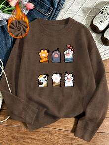 Plus-Size Women's Casual Round Neck Faux Knit Sweater, Cute Cat Paw Print, Fashionable And Versatile Women's Top For Autumn And Winter Commuting. - Brown - View 10