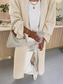 女款米色羅紋針織長版開襟外套，大翻領，前開襟，長袖，寬鬆版型，適合秋冬穿著 - 香檳色 - 查看 3