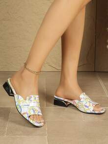 Elegant Printed Women's Slippers, Summer Outdoor Fashion New Fairy Style Chunky Heel Open Toe Low Heel Women's Sandals - White - View 6