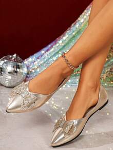 Women's Elegant Versatile Bow Pointed Toe Thin Sole Flat Shoes - Gold - View 6