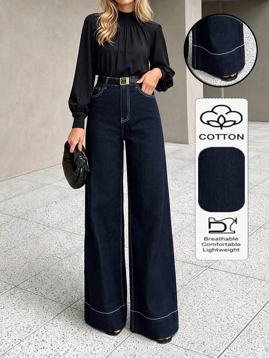 Fashionable Elegant Elegant Women's Dark Denim Straight Leg Pants, Extended Length, White Stitching Design, Minimalist Daily Versatile Style - Dark Wash - View 1