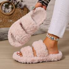 New Open Toe Double Strap Thermal Lined Thermal Slippers, Fashionable Warm Home & Outdoor Wear Autumn/Winter - Pink - View 6