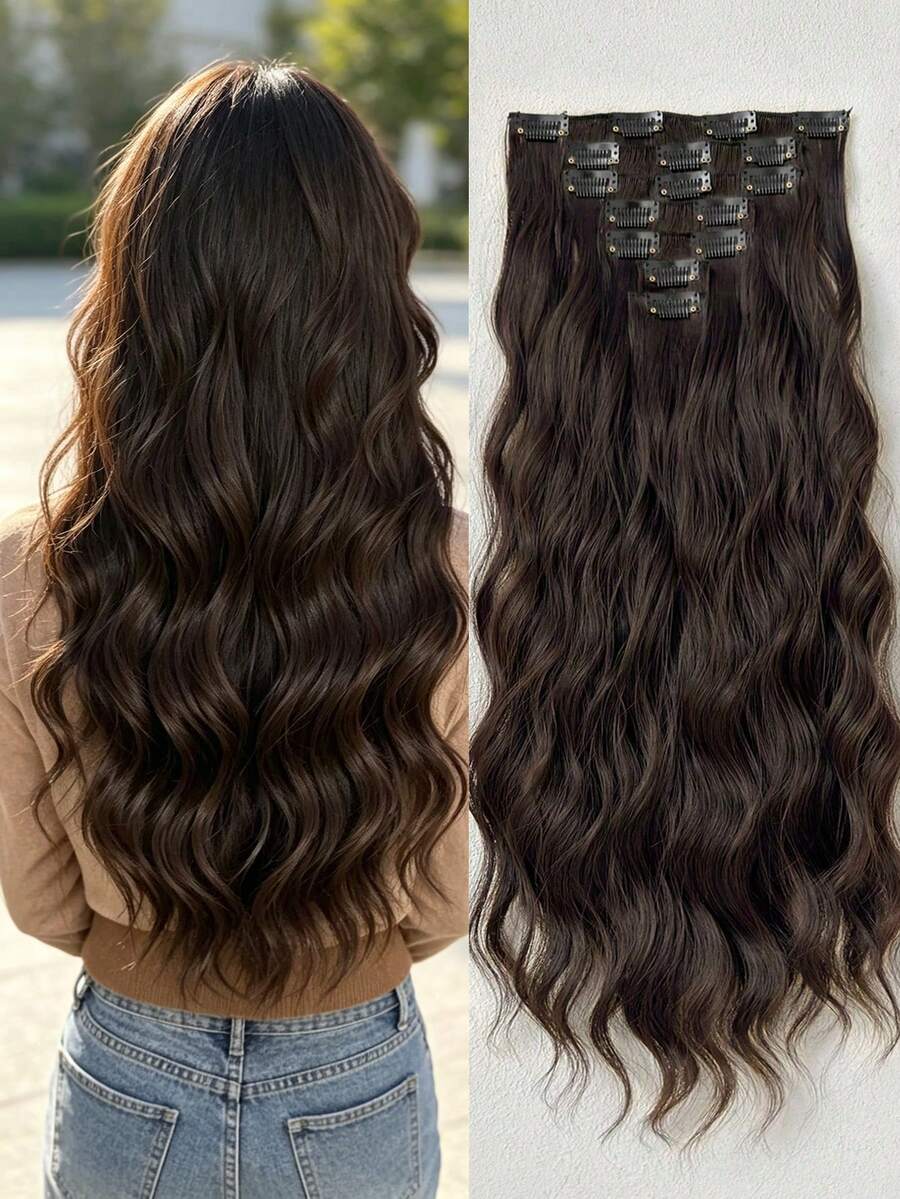 16pcs 24-Inch Brown Water Wave Clip-In Hair Extensions, Suitable For Girls And Women, Full Head Synthetic Hair Extensions, Halloween - Brown - View 1