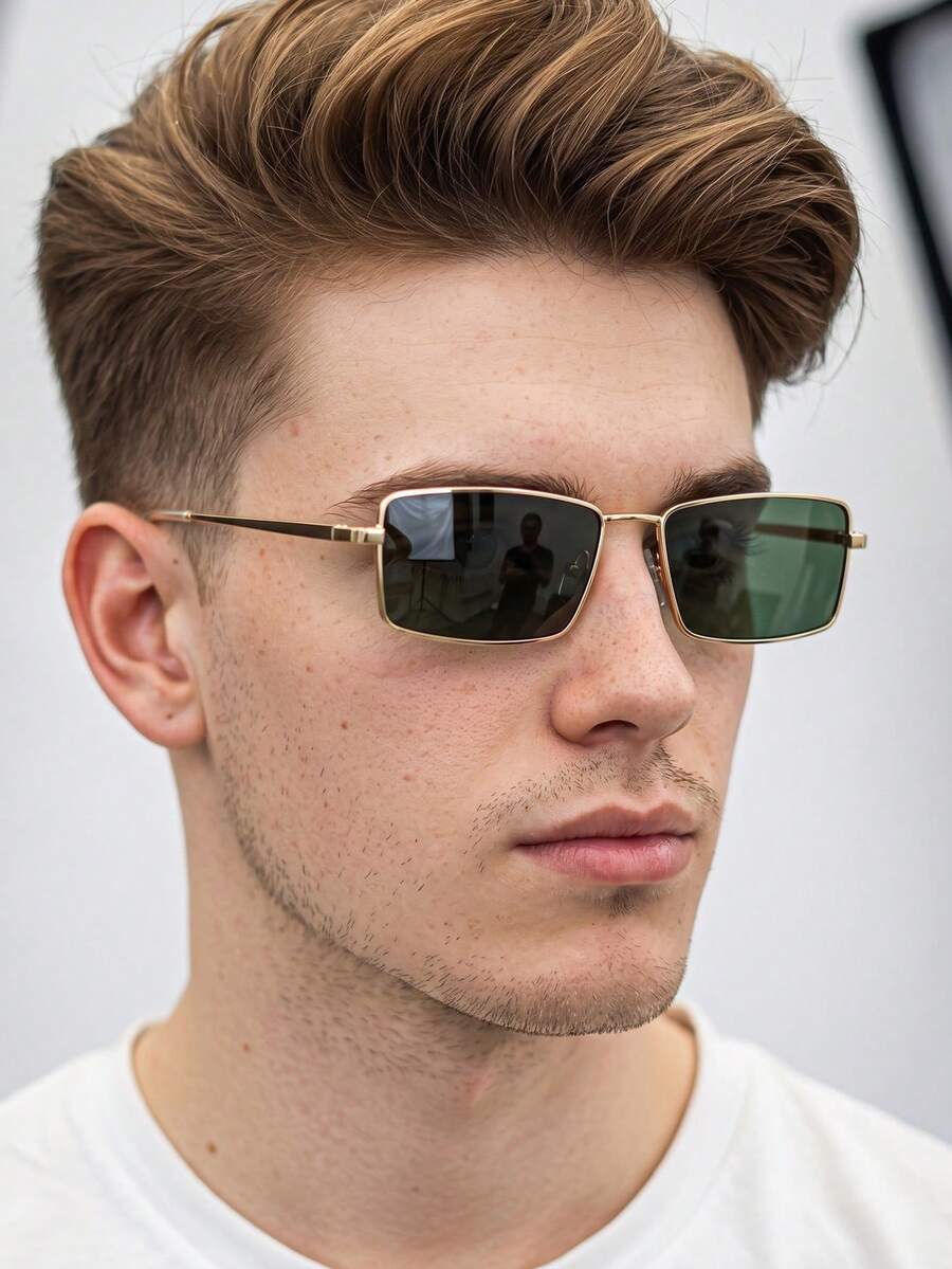 1 Pair Men's Gold Rectangular Thin Frame Minimalist Business Style Personalized Fashion Glasses - Gold - View 1