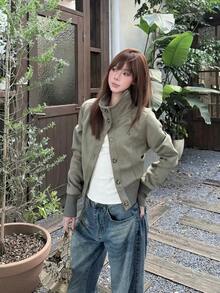 Women's American Style Stand Collar Suede Jacket, Spring/Autumn New Loose Design Slimming Short Jacket Top - Army Green - View 2