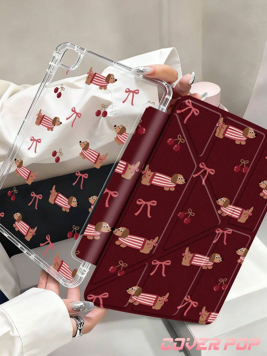 櫻桃與臘腸狗平板保護殼，相容 iPad Air 8 (M4) 2026 (11吋)/2026 (13吋)、9.7/10.2/10.5/10.9/12.9/Pro 11/A16、第10代，相容 Kindle Paperwhite 第12代 2024、Kindle (第11代-2024)，柔軟防摔，智慧休眠/喚醒功能，Y型折疊平板保護殼，多角度觀看