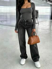 Women's Casual Straight Leg Jeans, Button Detail Design, Long Length, Medium Stretch Fabric, Suitable For Daily Wear, Perfect Choice For Autumn Outfits. - Light Black - View 1