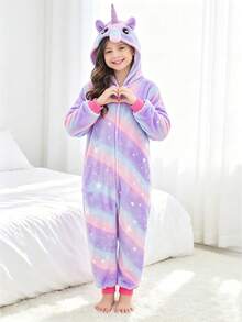 Tween Girl Purple Starry Sky Unicorn Long Sleeve Jumpsuit - Multicolor - View 5