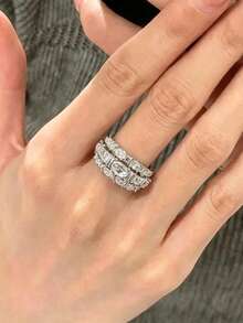 3pcs French Vintage Exquisite Luxurious Hollow Rings, High-End Elegant Minimalist Atmospheric Multi-Layer Carved Wide Band Rings, Niche Light Luxury Personalized Fashionable Cubic Zirconia Ring Set, Suitable For Women's Daily, Holiday, Commute, Date, Party Wear - Silver - View 7