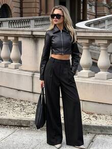 Women's High Waist Pleated Wide Leg Suit Pants, Pure Black Draped Loose Fit Commuter Long Pants With Pockets - Black - View 3
