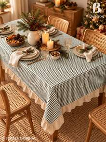 Bubaba 1pc Green Plaid Ruffle Edge Tablecloth, Vintage Pastoral Christmas Rectangular Dining Tablecloth, Beige Ruffle Edge, Bohemian Kitchen Holiday Decor - Green - View 5