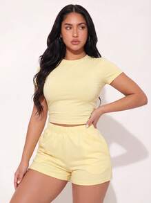 2pcs Women's Solid Color Round Neck Short Sleeve Top And Shorts Casual Set - Yellow - View 3