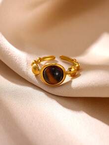 Geometric Round Amber Stone Rings For Women Stainless Steel Ring Waterproof Non-Fade Fashion Jewelry Gifts For New Year,Birthday,Party - Multicolor - View 4