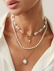 3pcs Luxury Elegant Baroque Irregular Faux Pearl Beaded Necklace, Fashionable Ins Style Heart-Shaped Pendant Collarbone Jewelry - Gold - View 4
