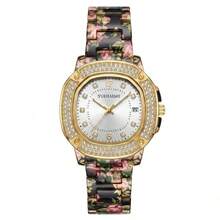 Women's Fashion Analog Watch Oval Case Sparkling Stone Bezel Floral Pattern Metal Strap Date Display Casual Wristwatch - Mouldless - View 8