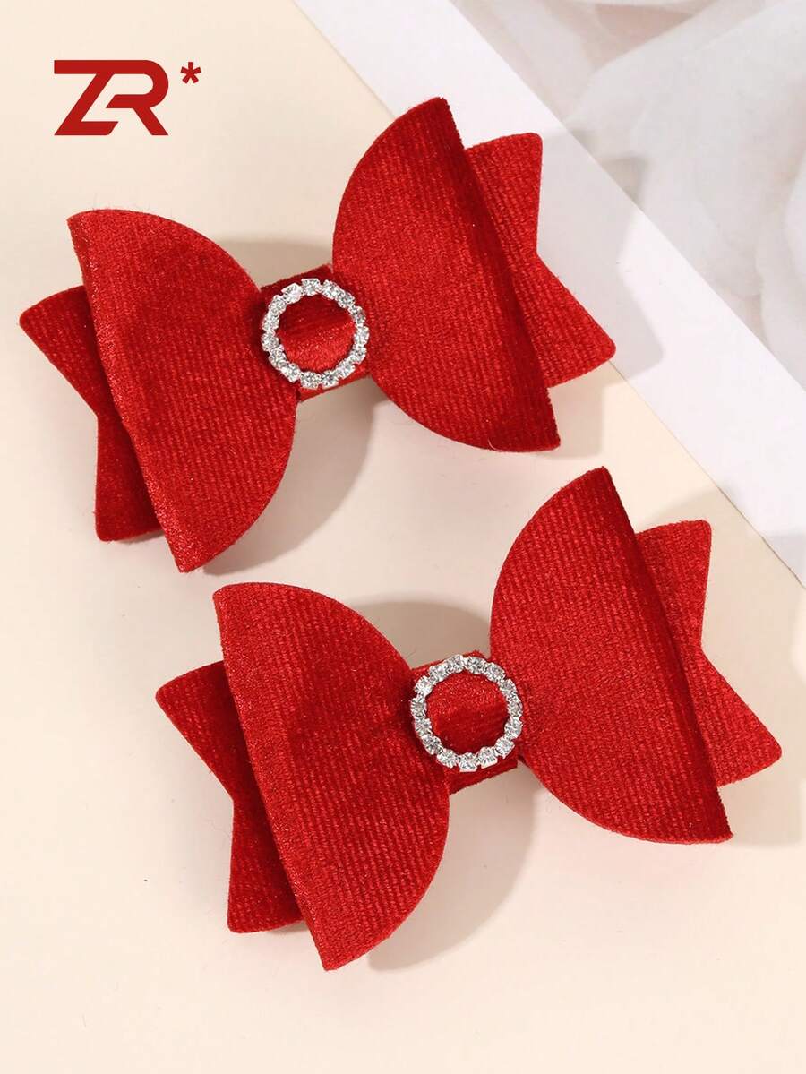 2pcs Red Hair Bow Clips With Rhinestones For Women,Solid Color Hair Bows,Elegant Fashion Hairpins,Fall Winter Daily Hair Accessories - Red - View 1