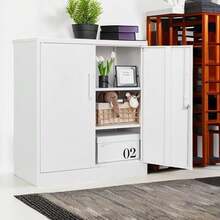 Armarios de almacenamiento de metal con cerradura, pequeños armarios de acero, estantes de capas ajustables, 2 puertas para el hogar, oficina, almacén, cochera, industrial, armarios de - Blanco - Ver 9
