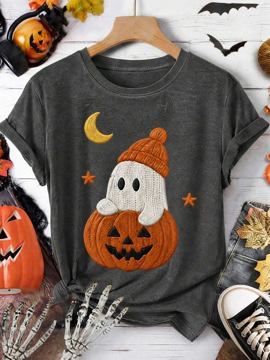 1 Pieza Para Mujer Estampado Gráfico De Fantasma Y Calabaza Cuello Redondo Manga Corta Cómoda Ligera Estilo Casual Divertido Playera Para Halloween Y Otoño