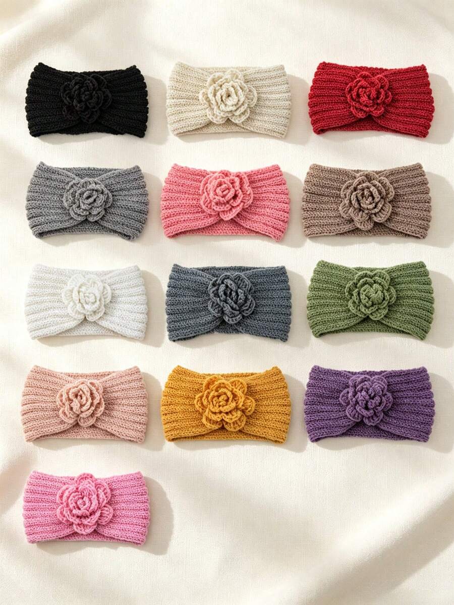 4pcs/Set Children's Knitted Flower Headbands, Warm Wide-Brim Ear-Protective Headwraps, Handmade Crochet Rose Headbands, Suitable For Autumn/Winter - Multicolor - View 1