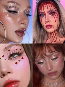 STARTTOOS 2PCS (Silver + Red) Halloween Large & Small Round Rhinestones Mixed With Heart-Shaped Rhinestones, 3D Face Decoration, Holiday Gift, Music Festival, Makeup Party, Face & Body Decoration Rhinestone Stickers - Multicolor - View 3