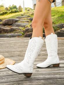 Women's White Pointed Toe Western Cowboy Boots, High Shaft Embroidered Square Heel Vintage Knee-High Long Boots - White - View 1