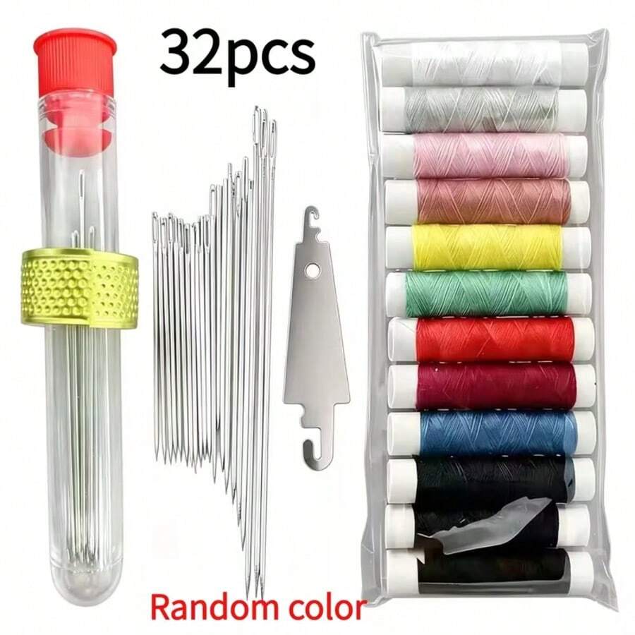 32pcs Sewing Kit Set, Includes Large Eye Hand Sewing Needles (Easy To Thread For Elderly), Thimbles, Needle Threaders, Sharp And Durable Needles. Convenient Storage To Prevent Needle Loss