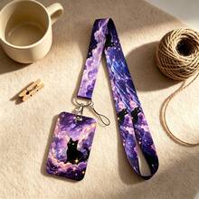 1 Piece Purple Galaxy Black Cat Print Lanyard With Card Holder, Mystic Starry Sky ID Badge Holder Neck Strap For Student Office Work Card, Lovely Gift - Multicolor - View 2
