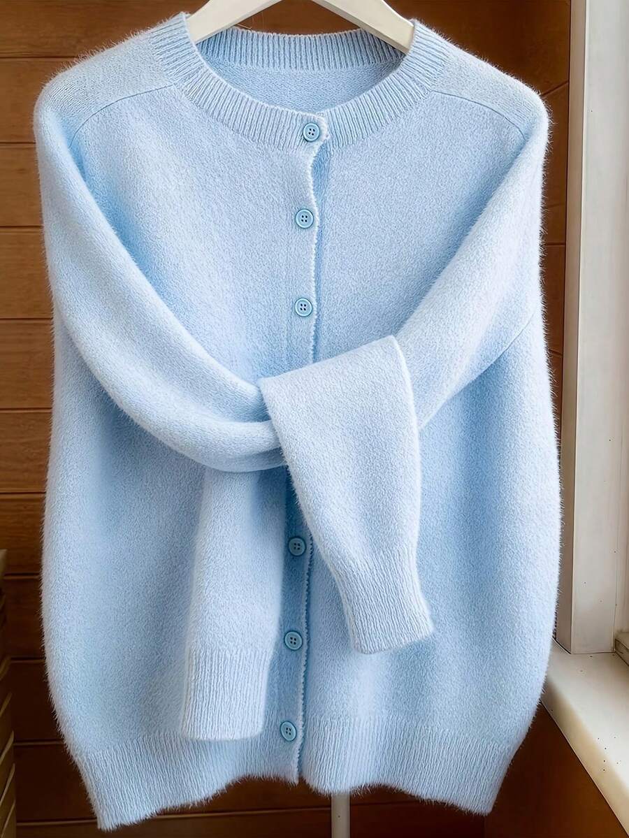 Women's Light Blue Cardigan Sweater, Round Neck Basic Style, Front Button Design, Comfortable Soft Medium Stretch, Suitable For Autumn And Winter Wear - Light Blue - View 1