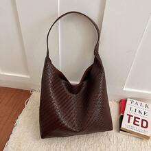 Men's Woven Texture Tote Bag, Large Capacity Minimalist Commuter Shoulder Bag, Casual Vintage Soft Leather Handbag For Daily Travel - Multicolor - View 8