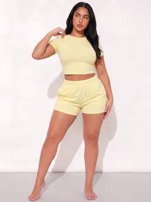 2pcs Women's Solid Color Round Neck Short Sleeve Top And Shorts Casual Set - Yellow - View 6