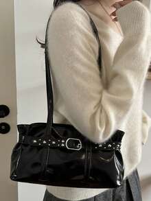 Women's Y2K Shiny Shoulder Bag, Rivet Belt Decor Buckle Design Ruched Soft Leather Underarm Handbag - Black - View 8