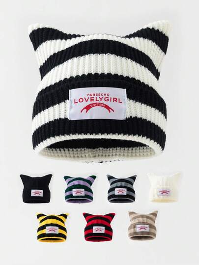 1pc Women's Fashion Solid Color Cute Ear Horn Shaped Fabric Label Striped Rimless Knitted Beanie Hat, Suitable For Autumn/Winter Warmth, Daily Wear And Outfits