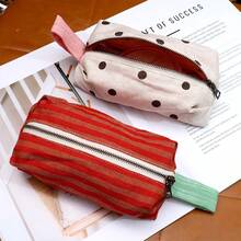 1pc Striped And Polka Dot Linen Pencil Case, Ins Style Large Capacity Zippered Bag With Handle, Back To School Student Stationery Bag - Multicolor - View 3