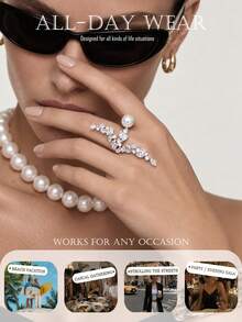 1pc Rhinestone Leaf Design Open Ring, Pearl Decor Exaggerated Ring, Elegant Bridal Wedding Party Stackable Women's Jewelry - Rhinestones - View 4