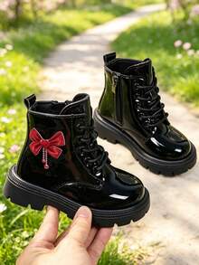 1 Pair Girls' Boots, Shiny PU + Red Bow Decor, Round Toe Elastic Soft Sole Inner Zipper Design, Fashionable Cute Princess Style Ankle Boots, Suitable For Daily, Holiday, School, Party, Autumn/Winter New - Black - View 3