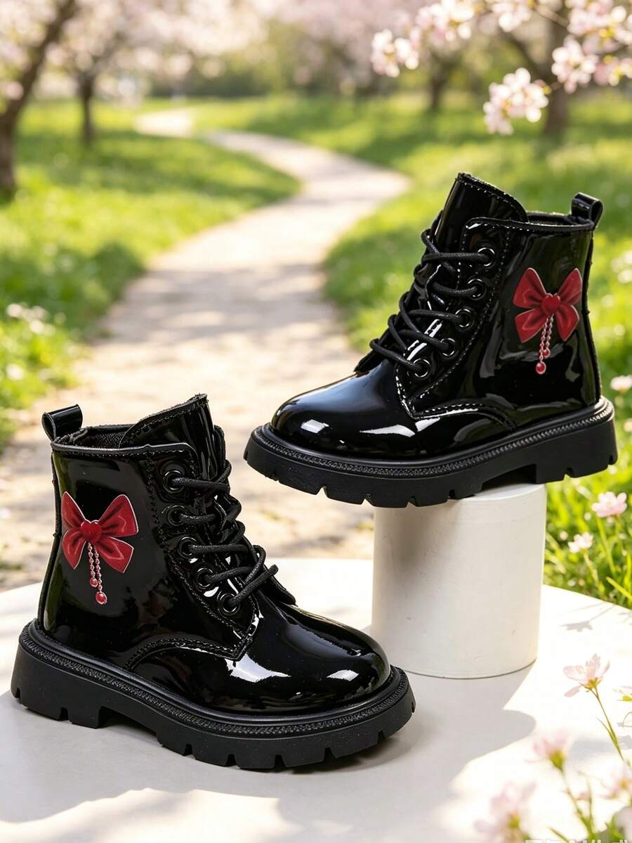 1 Pair Girls' Boots, Shiny PU + Red Bow Decor, Round Toe Elastic Soft Sole Inner Zipper Design, Fashionable Cute Princess Style Ankle Boots, Suitable For Daily, Holiday, School, Party, Autumn/Winter New