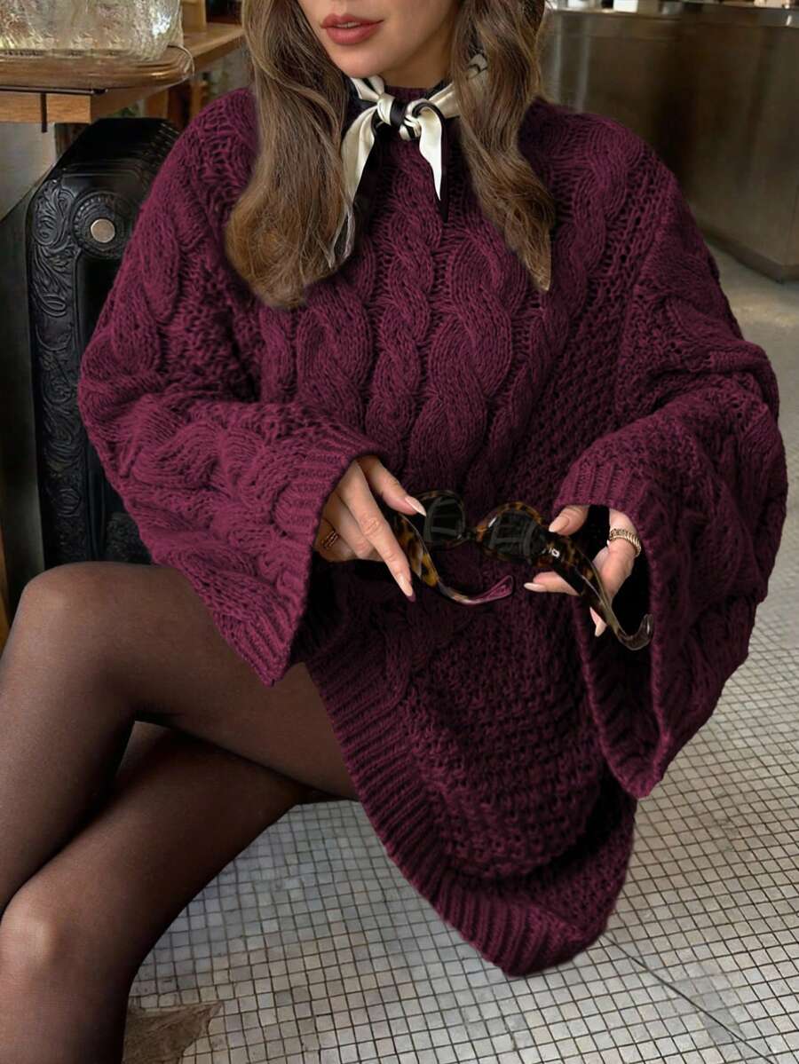 Just Masa 女款秋季休閒優雅寬鬆針織毛衣,圓領長袖麻花編織純色彈性時尚極簡設計基礎中長版套頭上衣,適合通勤、日常穿著、旅行、度假、約會 - 酒紅色 - 查看 1