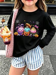 [Halloween]Tween Girl Fun Graphic Print Crew Neck Long Sleeve T-Shirt, Autumn/Winter Top - Black - View 1